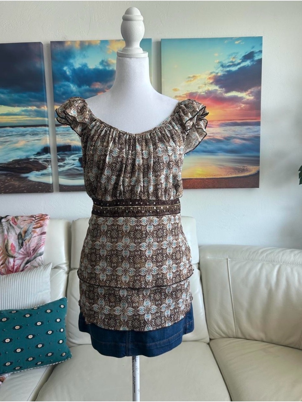 Venezia Brown Patterned Short Sleeve Peasant Blouse